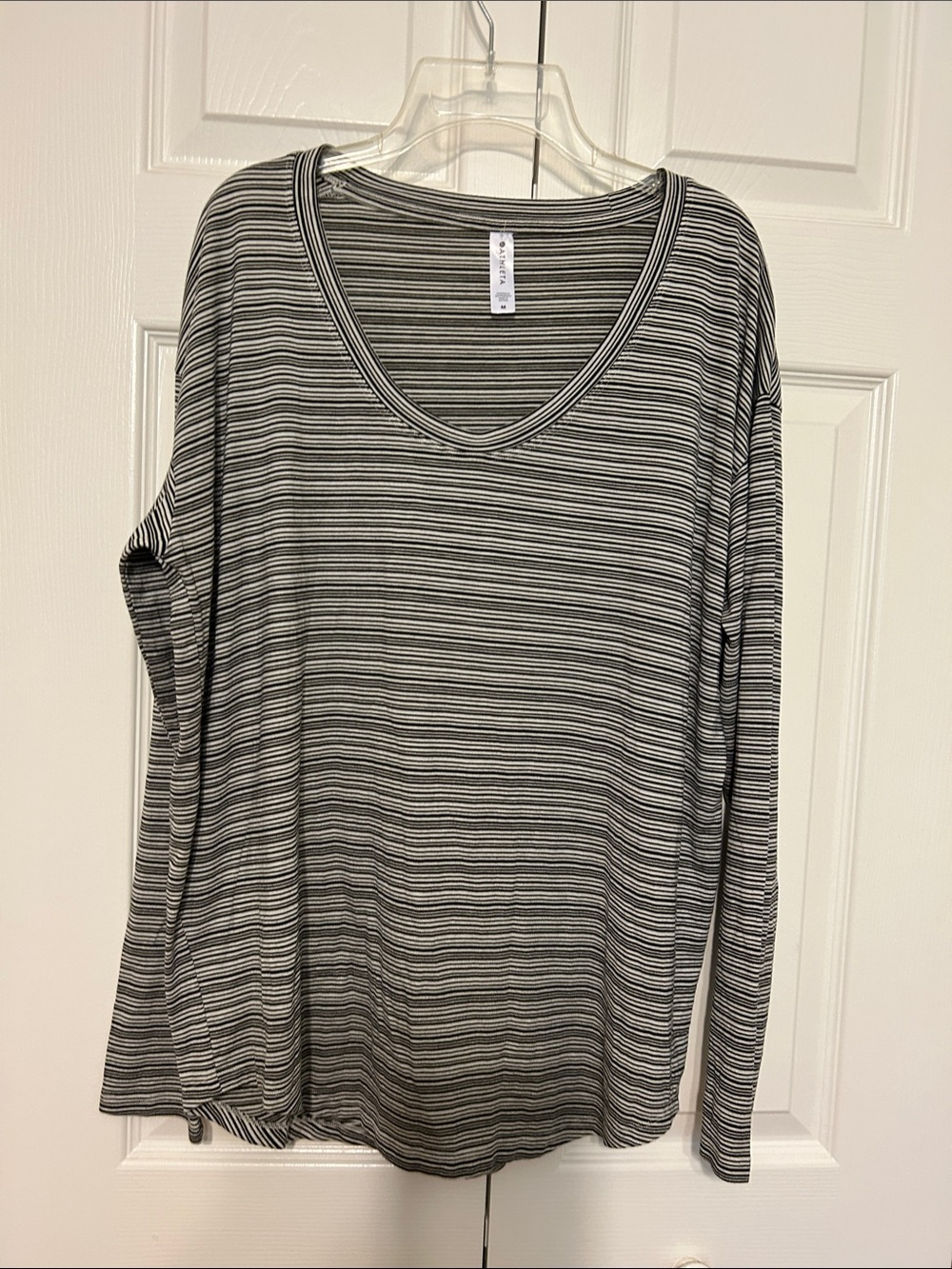 Athleta Black & Beige  Cloudlight Stratus Striped V-Neck Long Sleeve Top